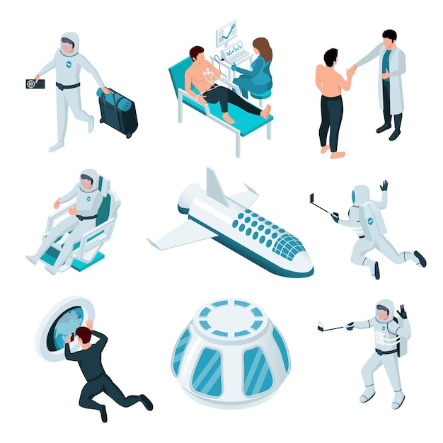 Vector set with isolated space tourism isometric icons with elements of spacecraft and characters of cosmic travelers vector illustration