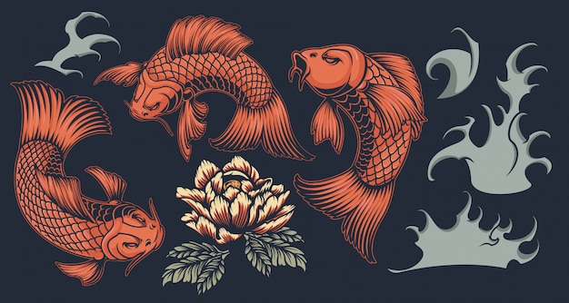 Set with koi carp on a Japanese theme on a dark background.