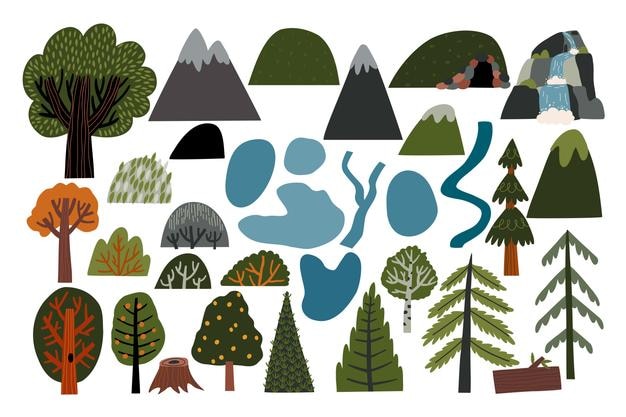 Set with landscape elements mountains trees water bodies etc hand drawn flat vector illustration