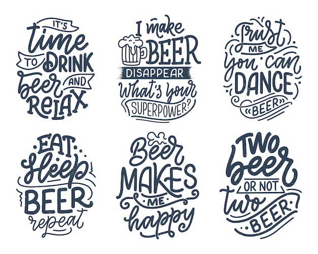 Набор с надписями цитаты о пиве в винтажном стиле. каллиграфические для печати футболки.
