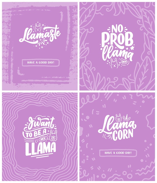 Set with lettering quotes about llama