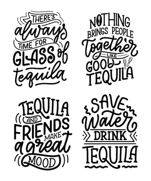 Set with lettering quotes about tequila