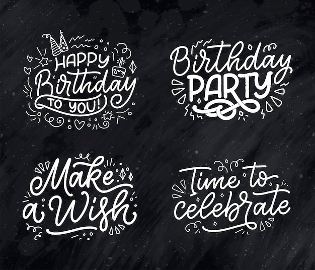 Set con slogan scritte per frasi disegnate a mano di buon compleanno per poster di carte regalo e stampa de...