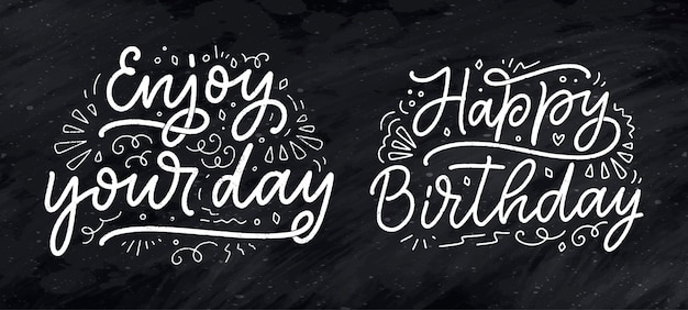 Set con slogan scritte per frasi disegnate a mano di buon compleanno per poster di carte regalo e stampa de...