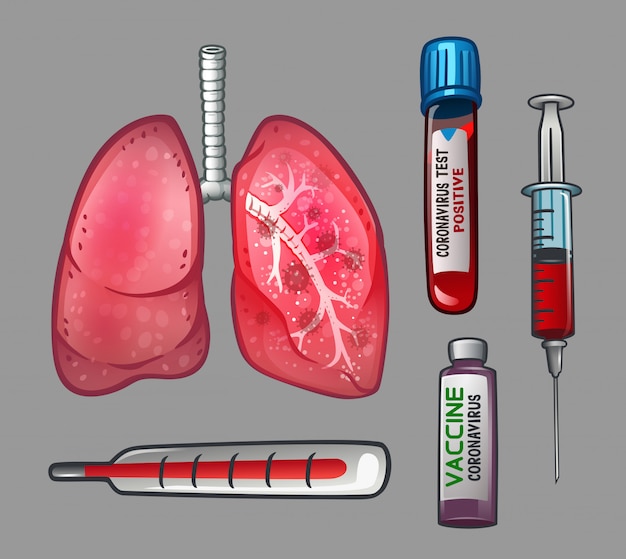 Set with lungs and syringe and thermometer and vaccines