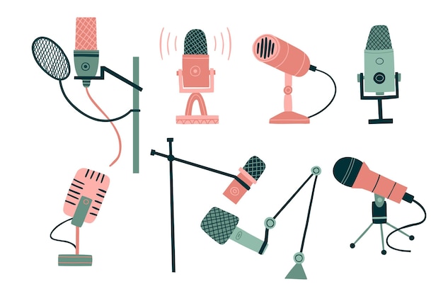 Набор с микрофонами для звукозаписи подкастов разных размеров и форм, плоские векторные иллюстрации, нарисованные вручную