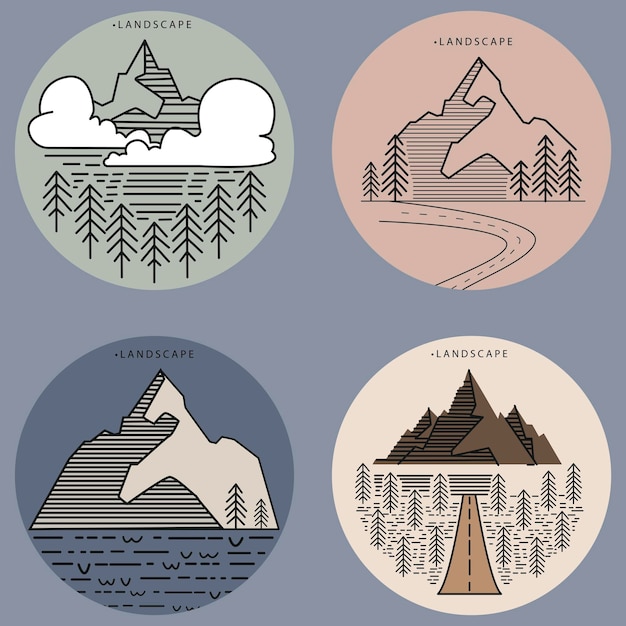 Вектор Набор с горами и елями. концепция природы и путешествий. круглые векторные рисунки.
