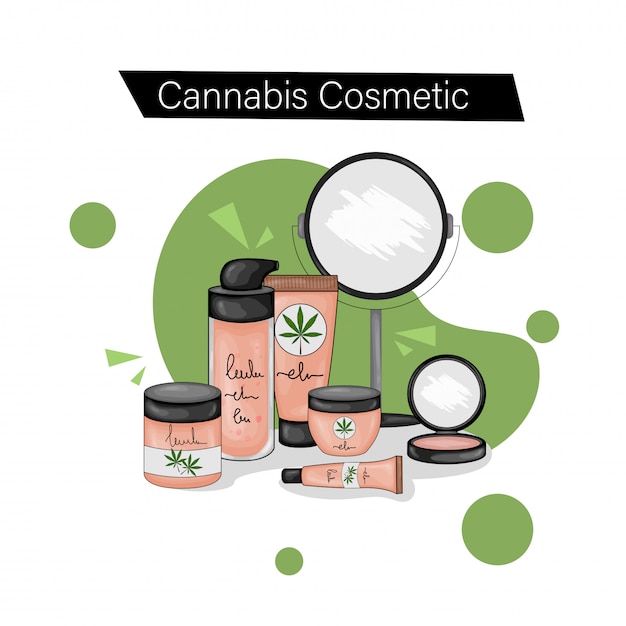 Vettore set con cosmetici cannabici naturali. stile cartone animato. illustrazione.