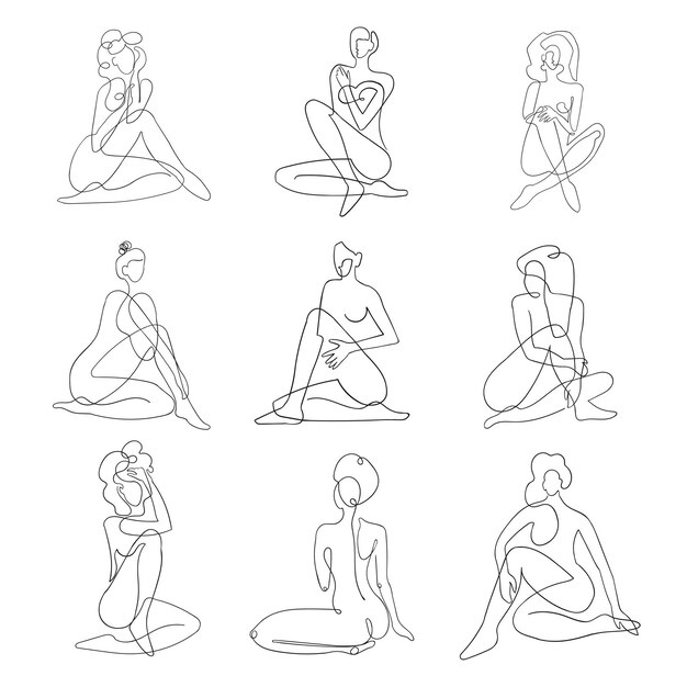 Set with outline black and white illustrations of woman body one line drawing isolated on white