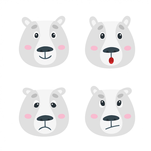 Vector set with polar bear emotion faces. cute cartoon bear isolated on white