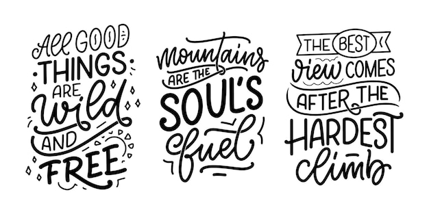 Set with quotes about mountains. lettering slogans. motivational phrases for print design. vector illustration