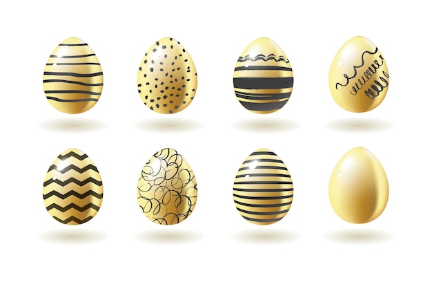 Set with Realistic gold eggs Easter celebration religion holiday Catholic orthodoxy Stripes