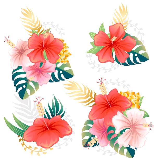 Set with red flowers and green tropical leaves flat vector illustration on isolated white background