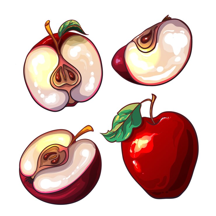 Vector set with red fresh apples and pieces of appl