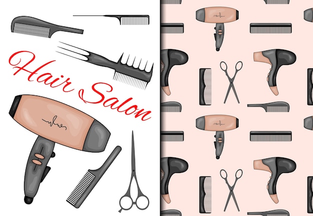 Vector set with seamless pattern and items for hairdressing salon. cartoon style.