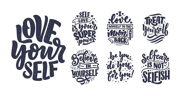 Vector set with selfcare lettering quotes for blog or sale.