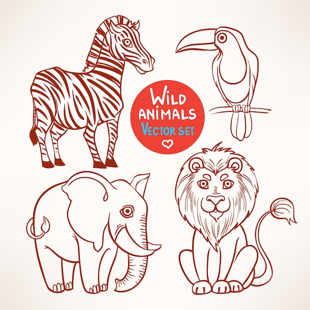 Set with sketch of four cute wild jungle animals