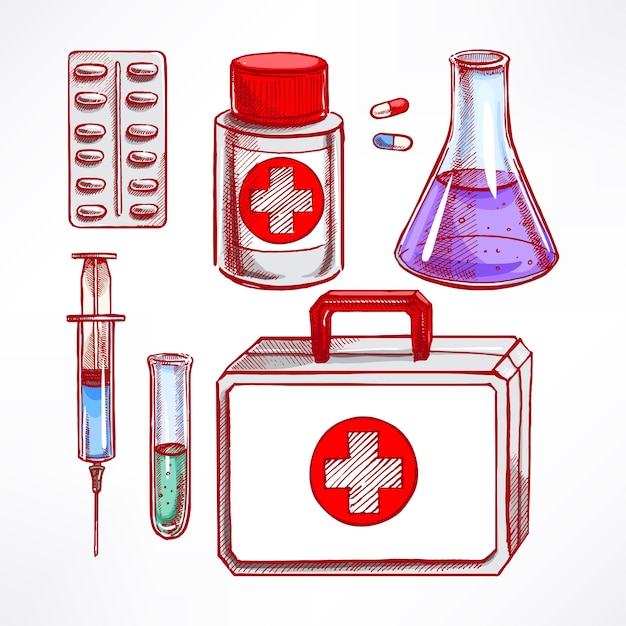 Set with sketch medical supplies. pills, syringe, bulb. hand-drawn illustration