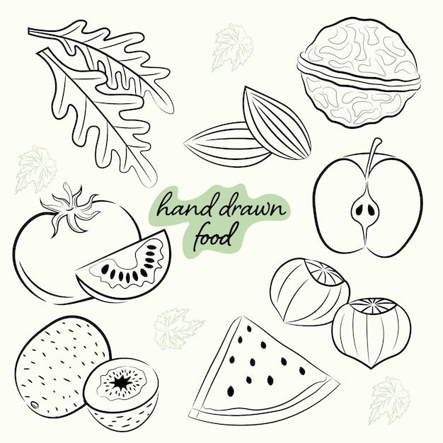견과류 야채와 과일의 스케치 이미지로 설정