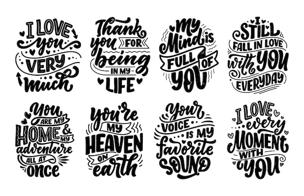 Vector set with slogans about love in beautiful style.