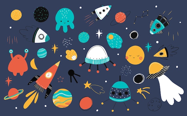 Set with space elements spaceship moon planet stars vector clipart