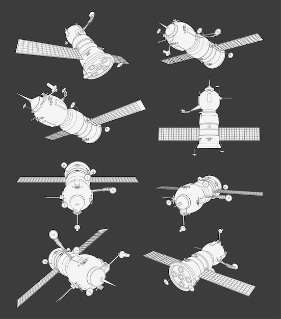 Set with spaceship satellite soyuz. collection with 3d views old spaceship. coloring page with 3d models. isolated.