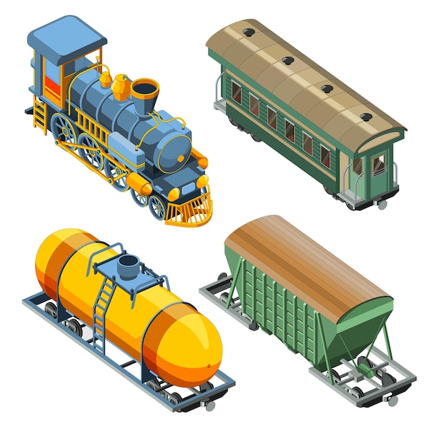 蒸気機関車、客車、貨車、貨車キャニスターがセットになっています。ヴィンテージレトロな電車のグラフィックベクトル。白い背景で隔離