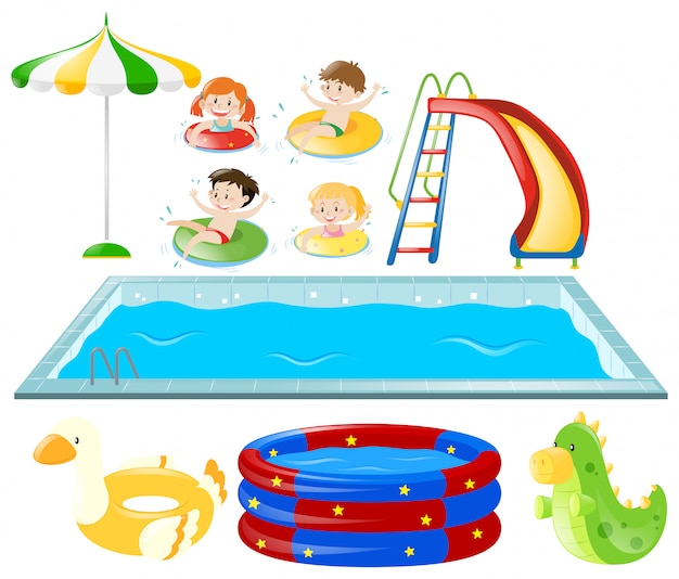 Insieme con piscina e bambini che nuotano