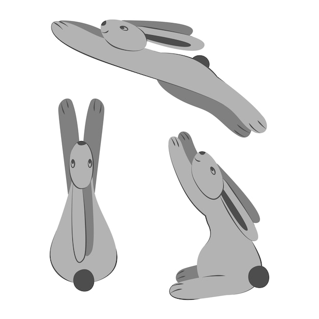 Набор с тремя симпатичными монохромными кроликами Цветная мультяшная плоская векторная иллюстрация