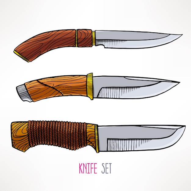 Vector set with three hunting knives isolated on white