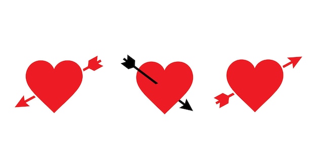 Set with through pierced heart and Lovestruck or arrow through heart flat vector icon