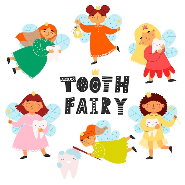 Set con fatine dei denti e scritte tooth fairy. illustrazione vettoriale