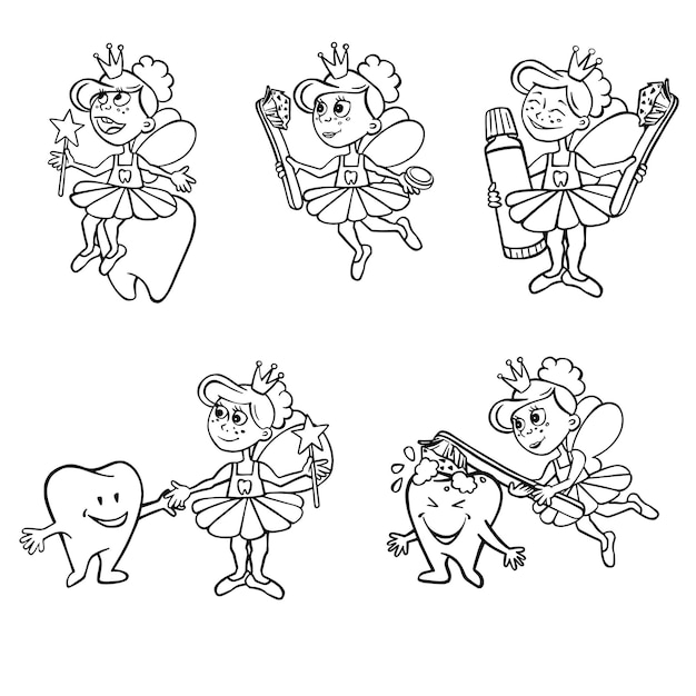 Set with tooth fairy and tooth character vector illustration