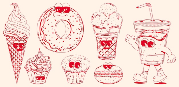 Set with trendy retro cartoon characters of sweet fast food in linear style without shading