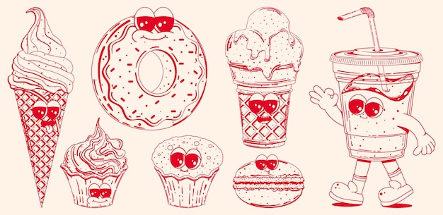 Vector set with trendy retro cartoon characters of sweet fast food in linear style without shading