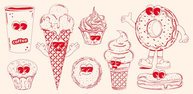 Set with trendy retro cartoon characters of sweet fast food in linear style without shading