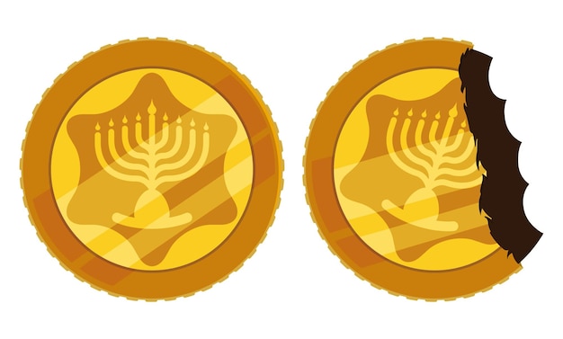 Set with two Hanukkah gelt or chocolate coins covered with golden foil and