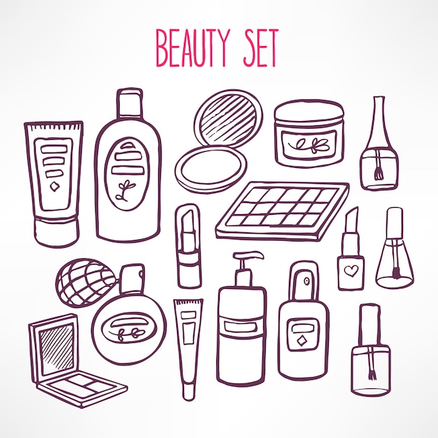 Vettore set con una varietà di cosmetici e prodotti per la cura del corpo. illustrazione disegnata a mano