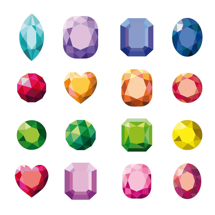 Vector a set with a variety of gemstones in different colors and shapes
