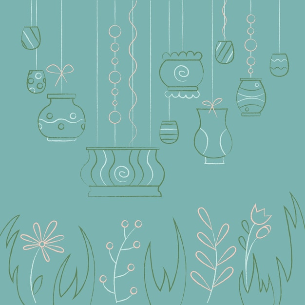 Set with a variety of hanging pots grass and flowers Doodle color vector illustration