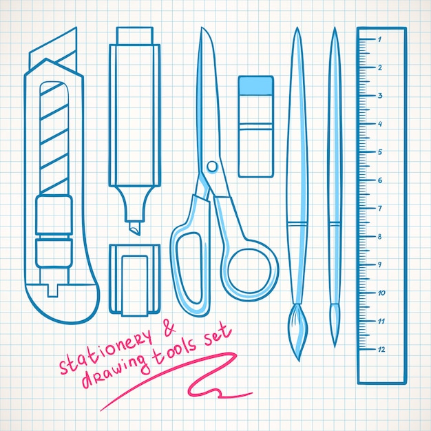 Vector set with various stationery. stationery knife, scissors, marker