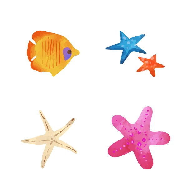 Vector set with vector starfish and yellow fish