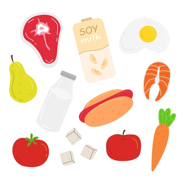 Set with vegan and nonvegan food Food collection Vector food illustration