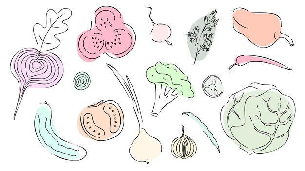 Набор с овощами в стиле арт-линии. векторная иллюстрация