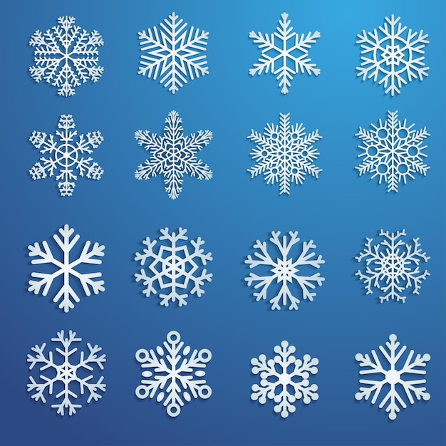 Set witte sneeuwvlokken op blauwe achtergrond