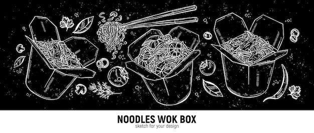 Set wok dozen noedels eetstokjes groenten en specerijen aziatische keuken handtekening schets