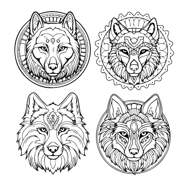 オオカミの着色ページ ライン アート着色ページ デザインのセット