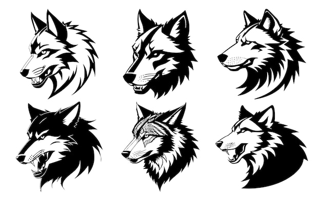 Набор волчьих голов с открытым ртом и обнаженными клыками с различными сердитыми выражениями морды Символы татуировки эмблемы или логотипа изолированы на белом фоне