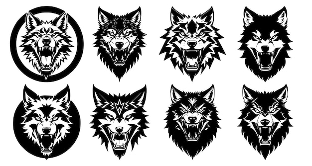 Set wolfshoofden met open mond en ontblote tanden met verschillende boze uitdrukkingen van de snuit Symbolen voor tatoeage embleem of logo geïsoleerd op een witte achtergrond