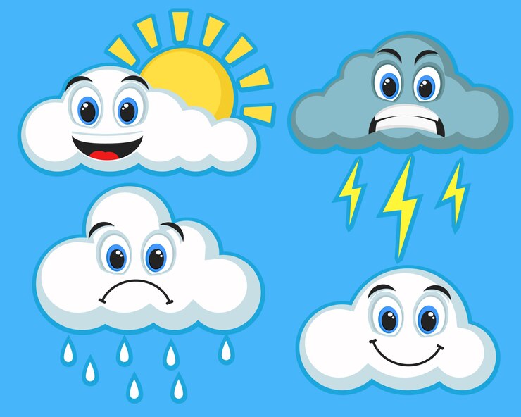 Vector set wolken met verschillende stemmingen op een blauwe achtergrond.